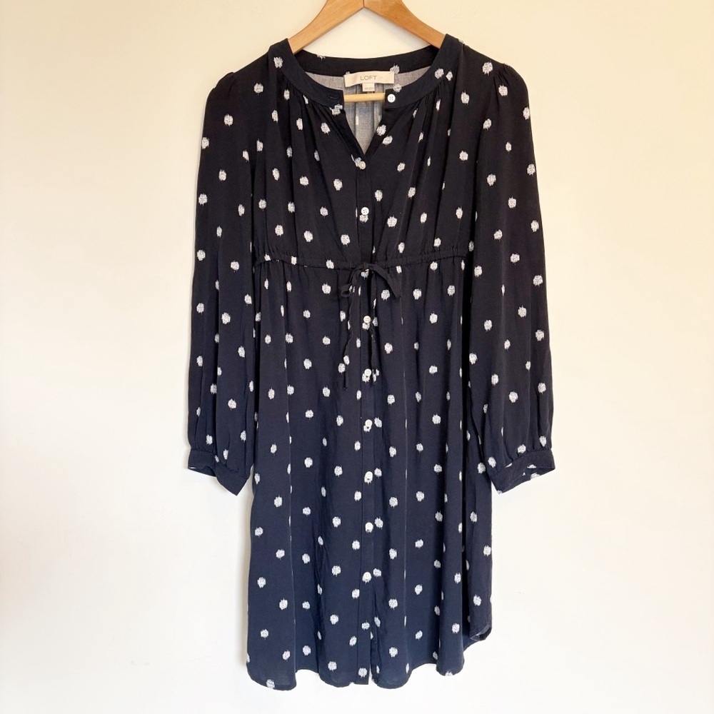 LOFT Navy Blue Polkadot Maternity Dress with 3/4 Sleeves - size XS